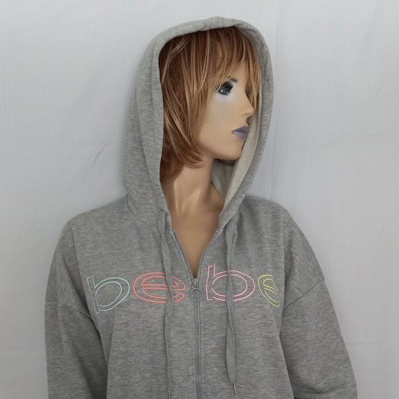 Nwt $104 BEBE Multi Color Logo Full Zip Hooded Sweatshirt Heather Grey Sz 2X - Picture 5 of 8